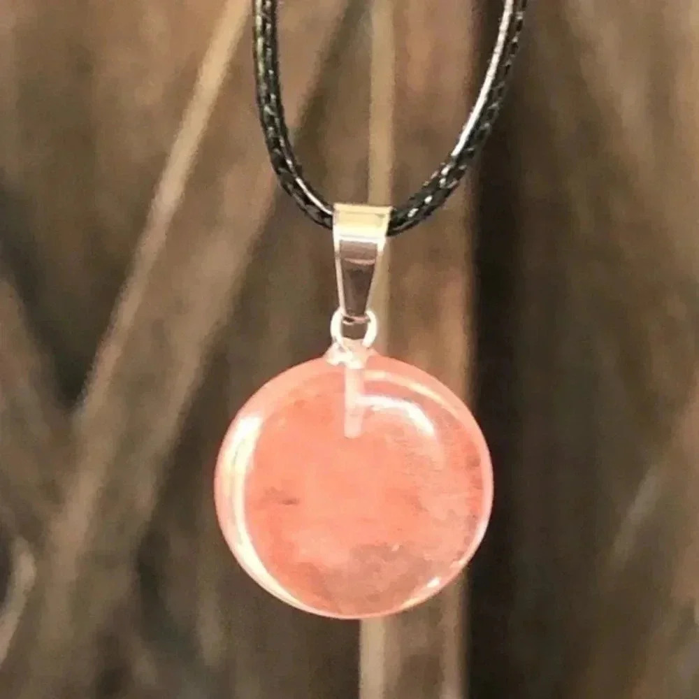 Rose Quartz Organic Round Circle Natural Braided Stainless Steel Necklace